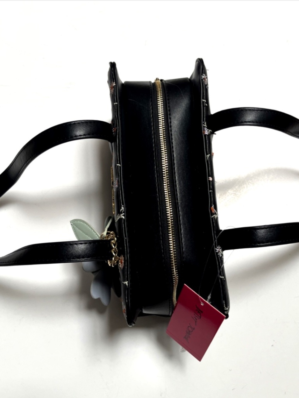 Betsey Johnson Floral Embroidered Satchel Bag Charm Black Shoulder NWT - Picture 6 of 10